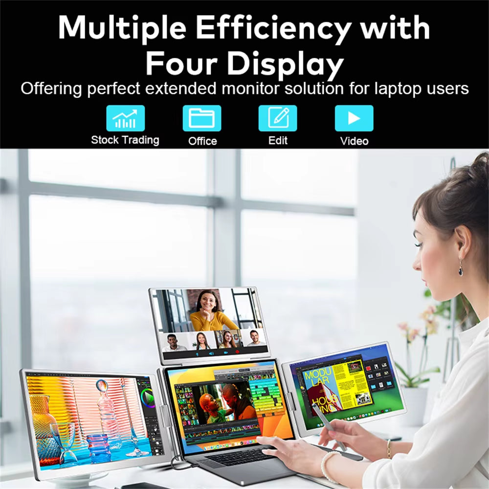 16 Inch Portable Triple Screen LCD Backlit Monitor FHD Display Secondary Extender for Notebook with Single Cable Connection