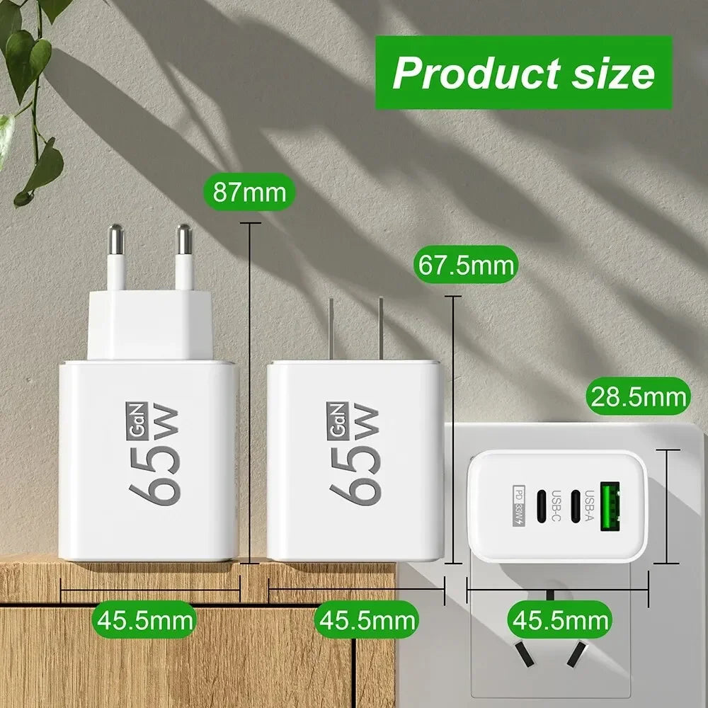 65W Gan Fast Charging USB PD Type-C Multi-Port Mobile Phone Adapter for Iphone 15 Pro Max Samsung Xiaomi Huawei Compact High-S