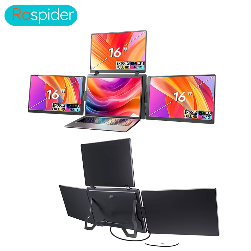 16 Inch Portable Triple Screen LCD Backlit Monitor FHD Display Secondary Extender for Notebook with Single Cable Connection