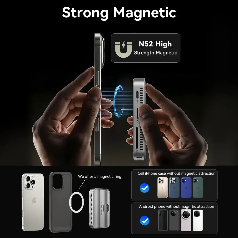 10Gbps Magnetic M.2 Nvme SSD Enclosure & USB-C Docking Station with Cooling Fan for Iphone 17/17 Pro/Iphone 16/16 Pro