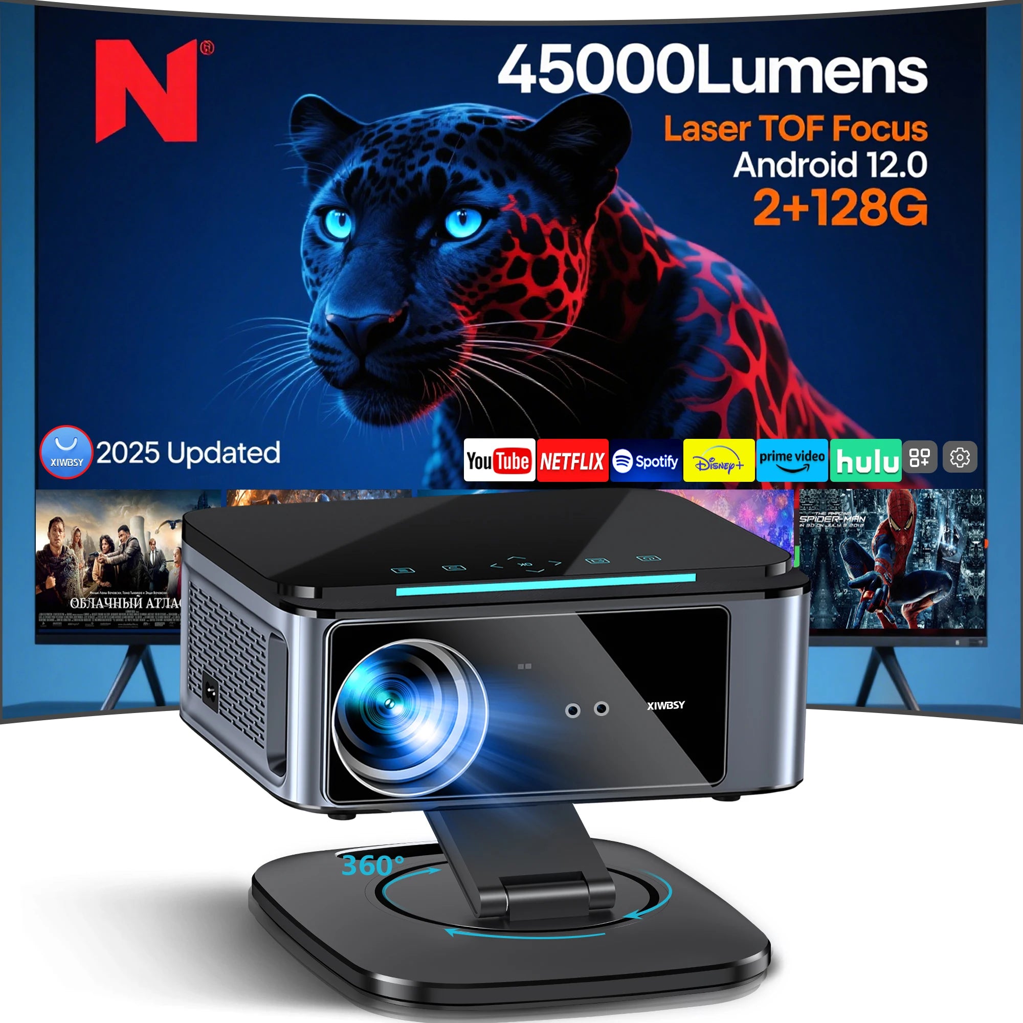 2025 Laser TOF Focus Projector 45000Lumens Moive Daylight Projector Portable 4K Android 12.0 LED Projector WIFI6/20MS