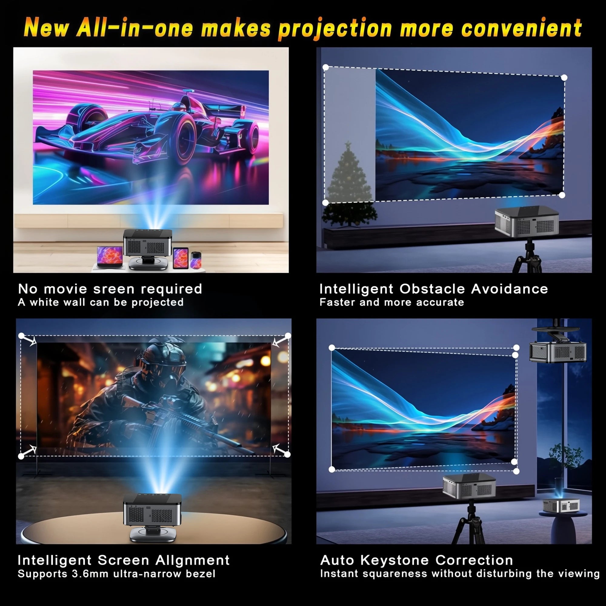 2025 Laser TOF Focus Projector 45000Lumens Moive Daylight Projector Portable 4K Android 12.0 LED Projector WIFI6/20MS