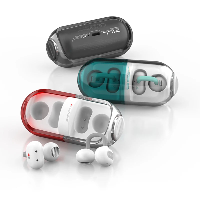 PILL OWS Open Ear Headphones Bluetooth 6.0 Hanging Earphones IPX4 Open Ear Clip Wireless Earbuds Built-In AI ENC Pill