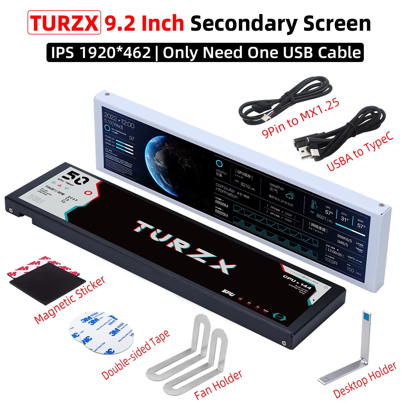 9.2 Inch USB Secondary Screen for Computer Chassis 1920*462 IPS LCD Type-C Display CPU RAM GPU HDD FPS Weather Monitor