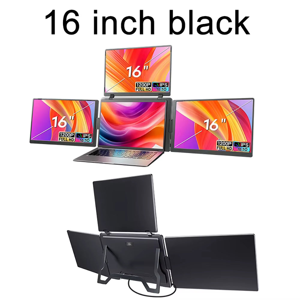16 Inch Portable Triple Screen LCD Backlit Monitor FHD Display Secondary Extender for Notebook with Single Cable Connection